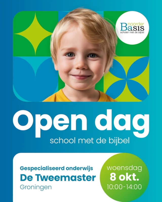 📅Op 8 oktober organiseren we een open dag! Van 10.00-14.00 uur staat onze deur open zodat je een kijkje kunt nemen in onze school. ☕️Om 10 uur staat de koffie en limonade klaar.🧩Voor kinderen is wat leuks te doen. 👀Bekijk samen met je zoon of dochter de school. ❓Stel je vragen aan één van de leerkrachten. 🤝We ontvangen je graag! #Noorderbasis #scholenmetdebijbel #opendag