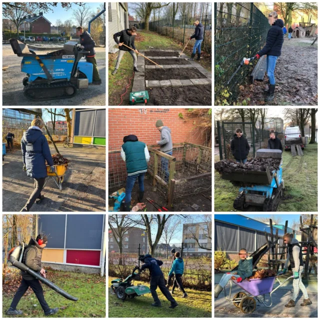 🪏🪴Afgelopen woensdag was de tuindag. Een prachtige dag met mooi weer! We hebben al het blad van het plein opgeruimd. Er is een nieuw compostvak gemaakt. Hier kunnen we zelf blad in composteren. Ook blijkt het een plek te zijn voor een egel die er een winterslaap houdt!🦔 De tuinmannen hadden een frees mee waarmee we een groentetuintje hebben aangelegd. De leerlingen hebben met allemaal (tuin)machines en materiaal leren werken. 🍂🍁#noorderbasis #hardewerkers